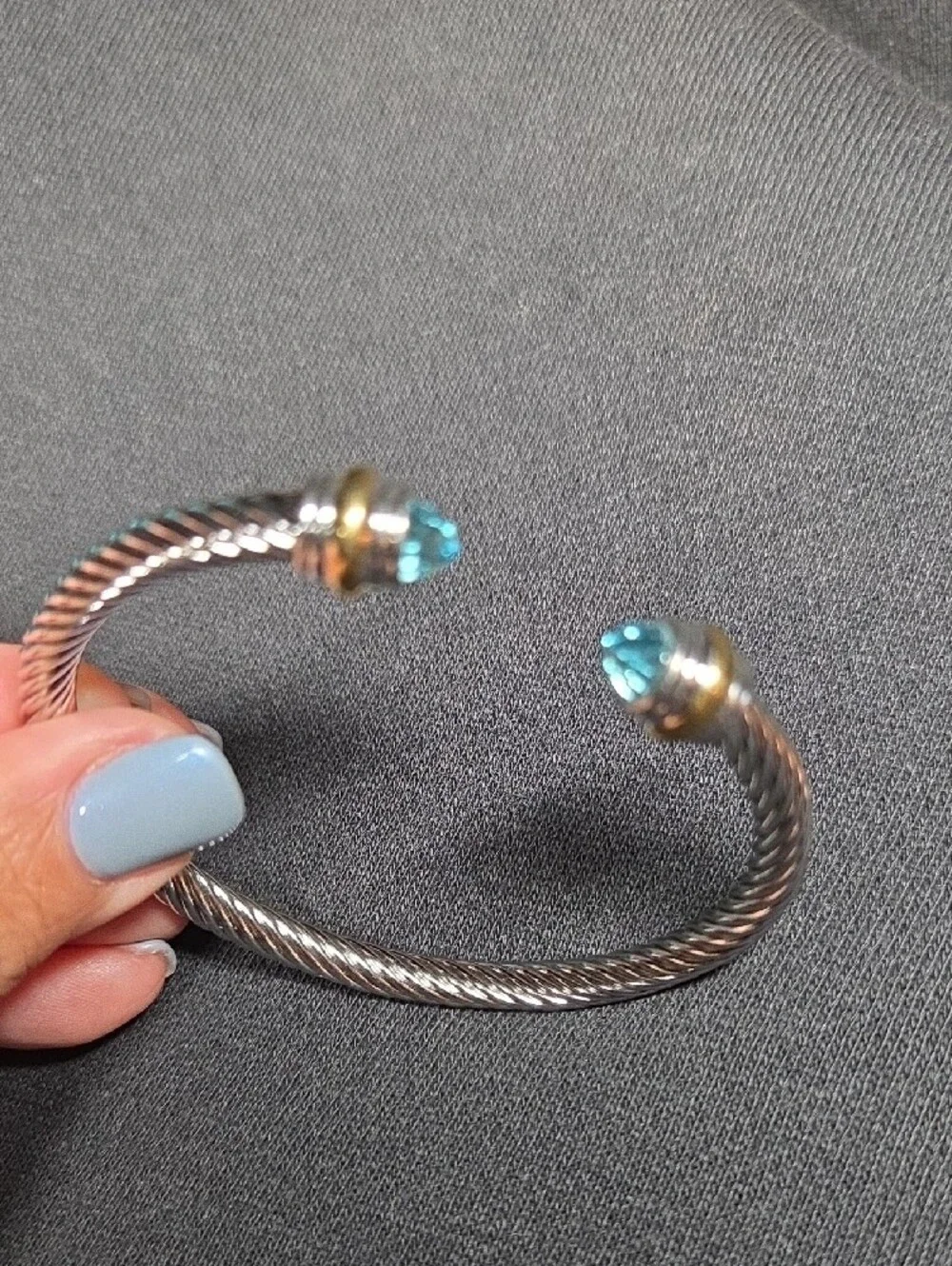 (Blue) Twisted Cable Cuff Bracelet with Crystal End Caps